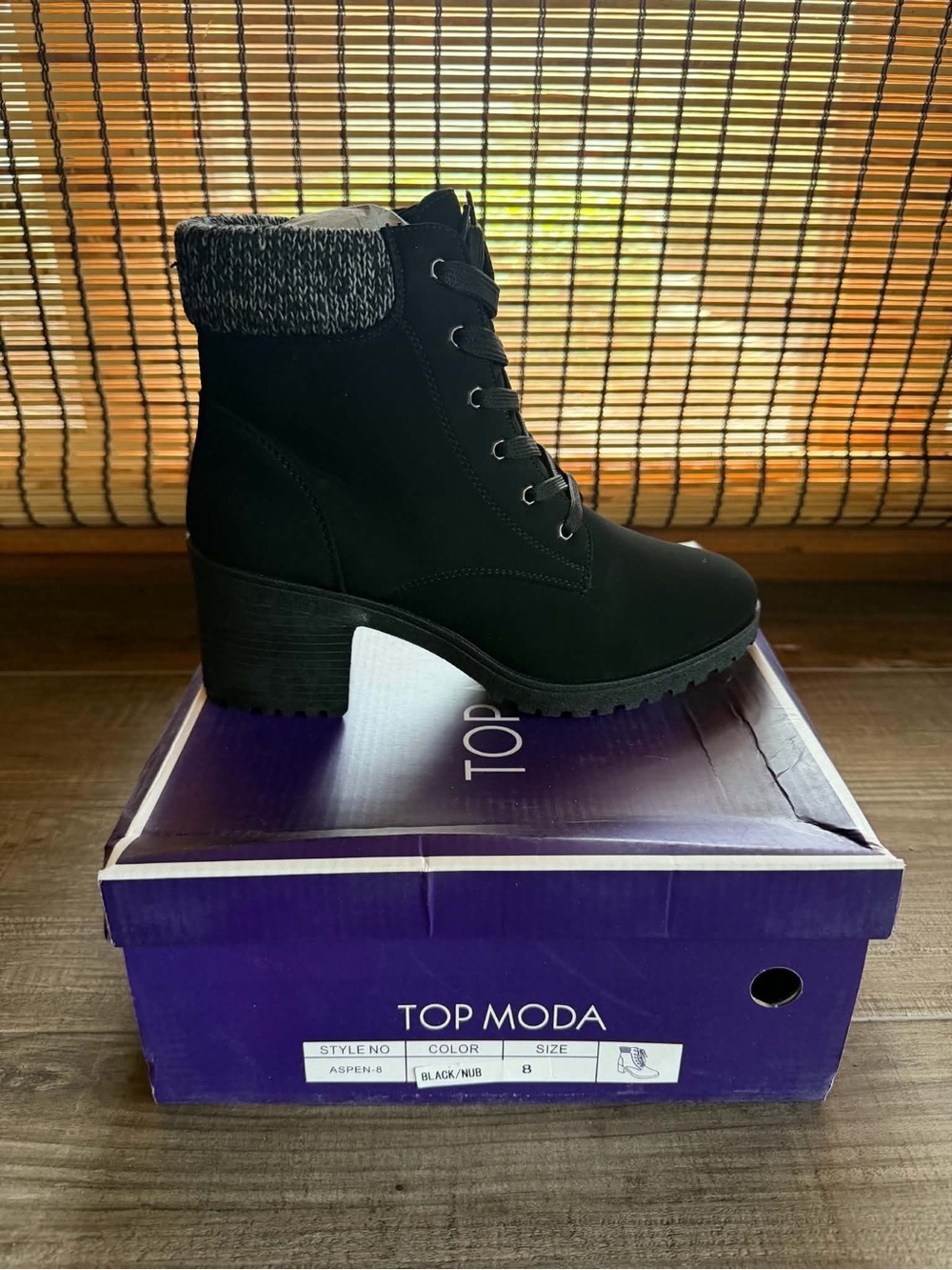 TOP Moda Black Lace-Up Knit Cuff Block Heel Ankle Boots - All Sizes - New